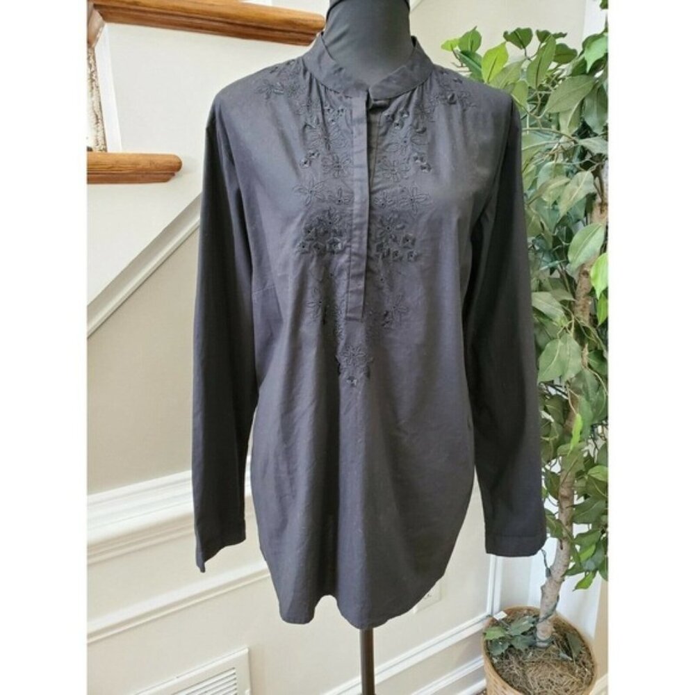 Goody's Women's Floral Black 100% Cotton Long Sleeve Band Collared Top Shirt 2X